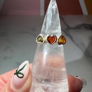 Multi-Stone Triple Amber Heart Sterling Silver Ring: Size 6.75